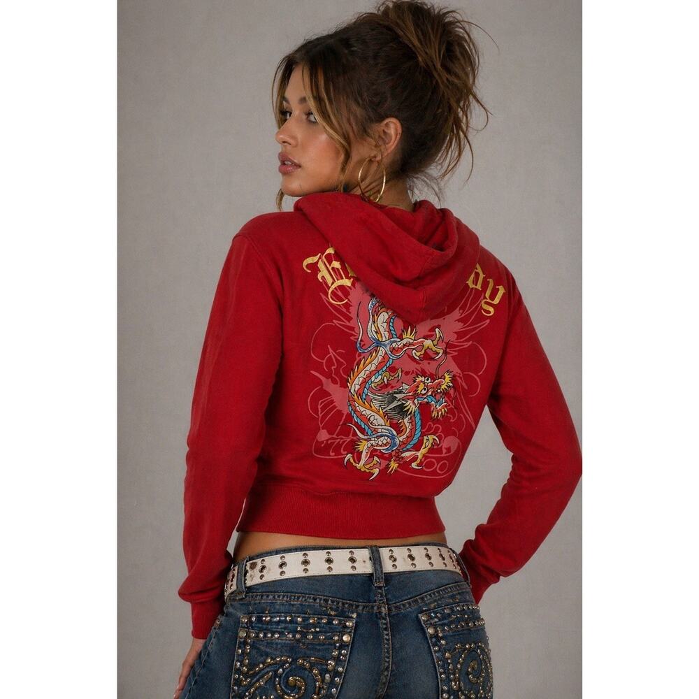 ED HARDY Vintage Dragon Zip Crop Hoodie Red Gold Graphic Y2K Streetwear Size L - Picture 10 of 10